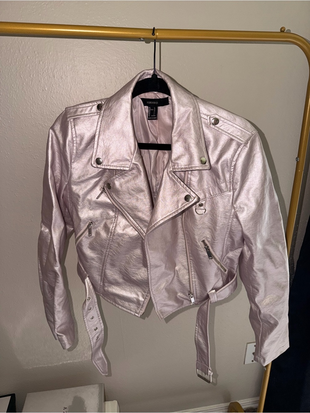 Forever 21 Shimmery Light Pink Faux Leather Moto Jacket